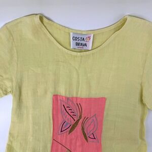 Costa Brava Spain Yellow Linen Lagenlook Maxi Tunic Dress Butterfly Short Sleeve